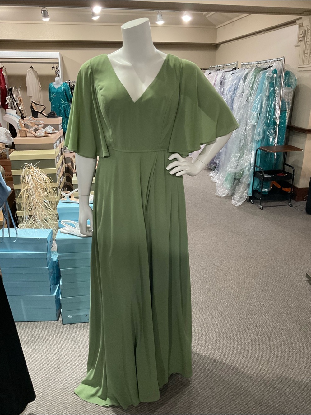 Olive Green V-Neck Flutter-Sleeve Wedding Dress